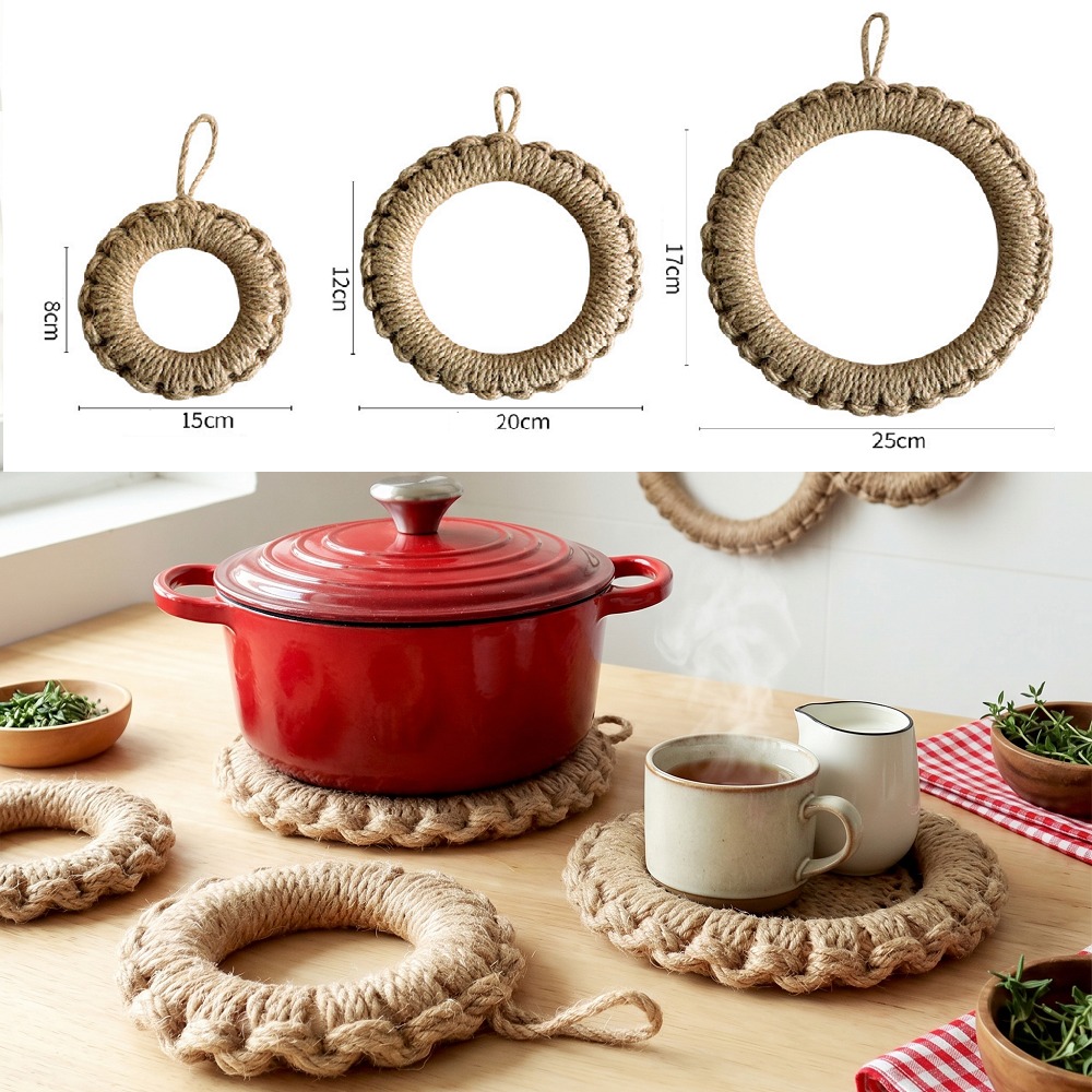 Cast Iron Skillet - 2Pcs Rustic Jute Woven Trivets Boho